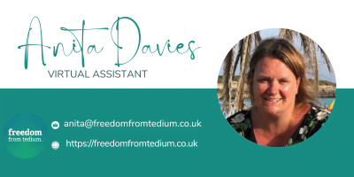 Example branded email signature for Anita Davies includes Freedom from Tedium branding and colours.